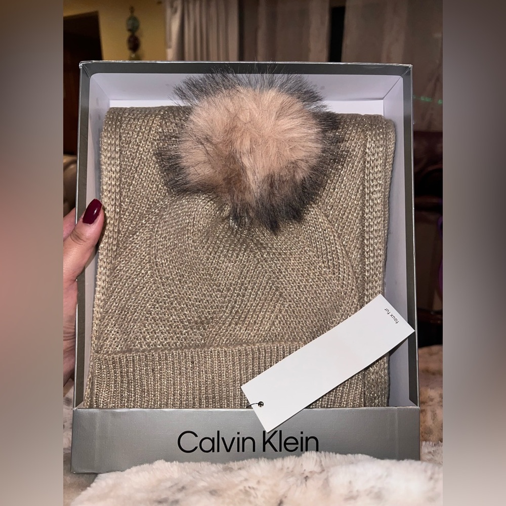 Calvin Klein Glittery Hat Scarf Gift Set in Luxury Champagne Gold Color